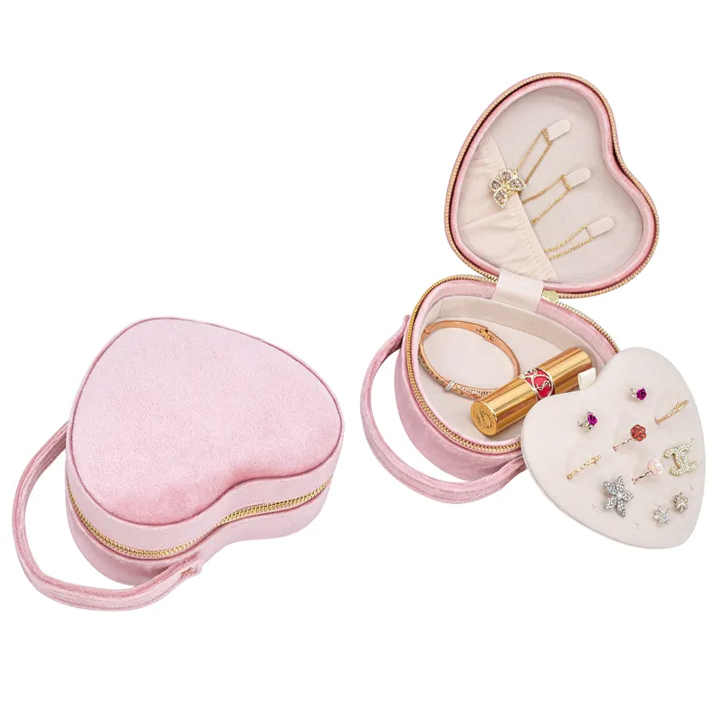 New Arrival Heart Shape Small Velvet Travel Jewellery Organizer Case Beige Portable Jewelry Box