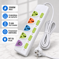 Multiprise universelle 4 voies 2500W, 4 prises, 2 USB, 5 interrupteurs, prise EU 90 degrés, IP44, rallonge pour la maison et le bureau