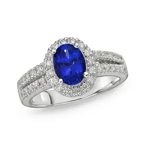 925 Sterling Silver Zircon Jewelry Oval Halo Pave Tanzanite Engagement Ring Blue Tanzanite and Silver Rings