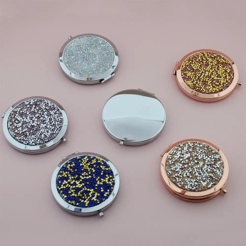 Custom Crystal diamond Round Double Sided Mirror Portable Mini Pocket Mirror Makeup Compact Floral Mirror Cosmetic for Women