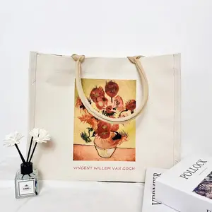 2024 Reusable oil painting canvas bags custom cotton Bags Woman Shopping Zipper Tote Bags with logo