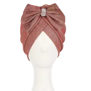 Yomo shimmery pre bowknot stylish turban cap for ladies soft polyester turbans for ladies