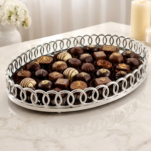 Plateau de rangement de luxe pour chocolats, plateau ovale argenté avec bordure à motifs floraux, plateau de service pour confiseries gourmandes, vente en gros - Product Image 1