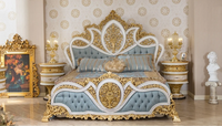 Ensemble de Meubles de Chambre Classique Italien en Or Royal, Lit King Size Sculpté en Bois Massif Ancien de Luxe avec Armoire