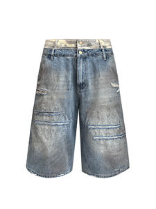 Shorts en jean pour homme, style vintage Y2K, taille haute, délavé, déchiré, avec ceinture et boutons, coupe ample, été - Product Image 1