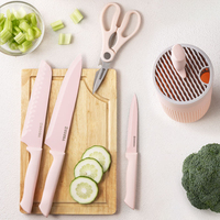 Ensemble de 6 couteaux de cuisine roses en acier inoxydable avec bloc, logo personnalisé, marque privée, couteaux multifonctions, vente en gros, durables et tranchants