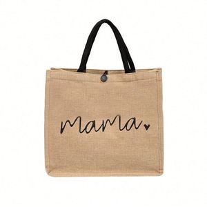 Custom Lunch Hospital Shopping Beach Mother's Day Gift Mom Love Waterproof <b>Black</b> Handle Button Jute <b>Bags</b> - Product Image 1