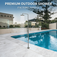 Colonne de douche extérieure autoportante en acier inoxydable SUS304, système de douche double jet céramique et douchette à main, design moderne pour piscine et jardin