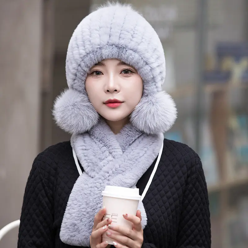 New Women's Winter Rex Rabbit Fur Knitted Ear Cap and Rex Rabbit Fur Long Knitted Scarf Set