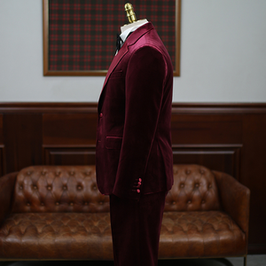 Velours rouge simple boutonnage col à revers cranté coupe ajustée 2 pièces costume <span class=keywords><strong>homme</strong></span> <span class=keywords><strong>pour</strong></span> soirée - Product Image 4