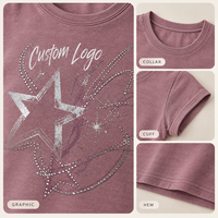 T-shirt OEM pour femme en jersey de coton mélangé, imprimé métallique, strass thermocollés, coupe courte, manches courtes, coupe ajustée, col rond, décontracté