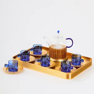 Tea maker brew turkish arabic luxury gold tray sets clear glass tea pot and cup set heat resistant glass tea pot with warmer