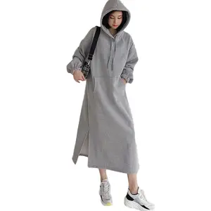 Winter Koreaanse Dikke Warm Plain Lange Hooded Sweatshirts Womens Custom Oem Oversized Kangoeroe Pocket Maxi Hoody Hoodie Jurken