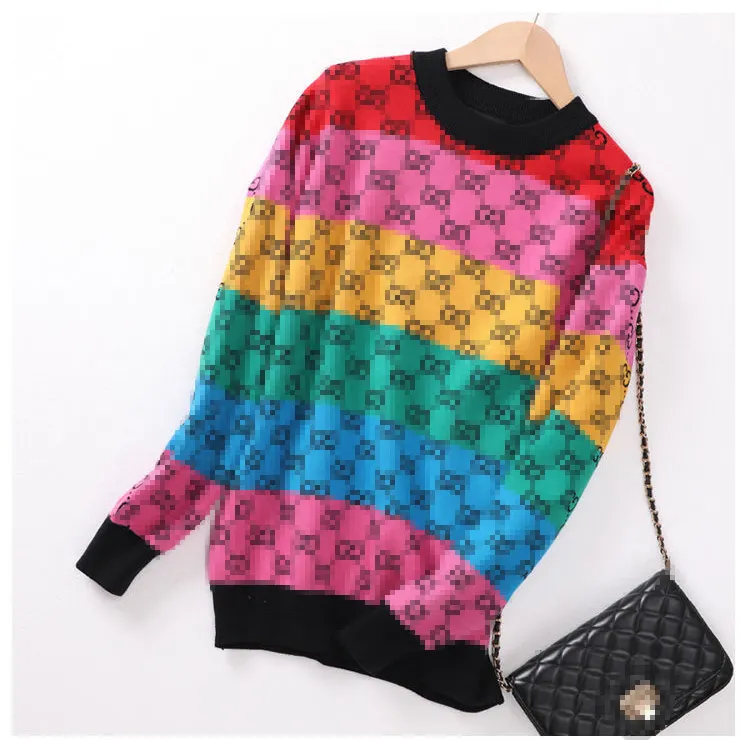 D12180 Trendy design 2022 clothes cardigan rainbow striped sweaters knitted for women thicken coat
