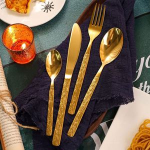 Luxury Retro Hammered Handle Knife Fork Spoon <b>Cutlery</b> <b>Set</b> Wholesale Stainless Steel Flatware <b>Set</b> - Product Image 1