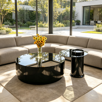 Ensemble de tables basses gigognes de luxe style ferme, en verre trempé noir brillant et métal, avec piédestal cylindrique robuste, table d'appoint décorative pour la maison