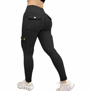Pantalones de yoga de cintura alta para mujer, largos, de spandex/poliéster, con efecto levanta glúteos y bolsillos con solapa, control de abdomen - Product Image 1