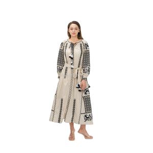 Robe longue décontractée en lin brodé de fleurs pour femme, nouvelle mode, taille naturelle, 100 % lin lavable - Product Image 1