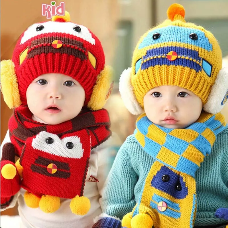 MZ-87 Amazon Hot Cute Cartoon Knitted Hats And Scarves Set Autumn Winter Thickened Warm Baby Kids Hat Scarf