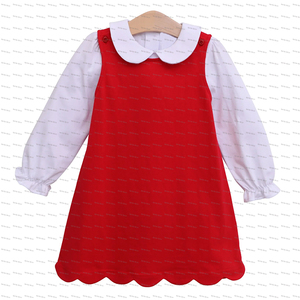 Baby Clothes Girls Red Scallop Jumper Cotton Monogram Peter Pan Collar Shirts Fashion Christmas Kids Girls Party <strong>Dress</strong> - Product Image 1