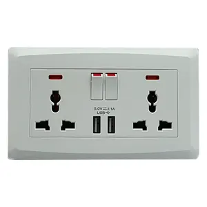 High Quality 86*146mm Pc Panel Double Usb 3 Pin Mutil Wall Sockets And 2 Gang Switch With Neon For Home