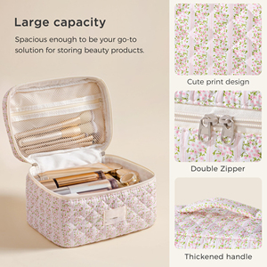 Quilted Makeup <b>Bag</b> Large Cosmetic Travel Case for Women Soft Cotton Toiletry Organizer Skincare Brushes Accessories Storage - Product Image 2