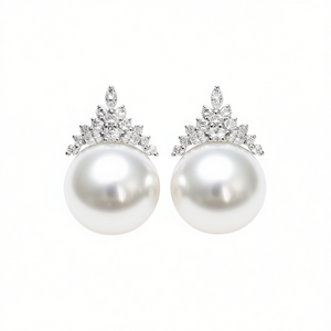 Boucles d'oreilles clous en perles Akoya E3632, or blanc, perles de culture rondes AAA, design couronne, bijoux de mariage pour femme, or 18 carats - Product Image 1
