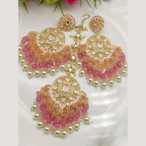 Designer Fine Gold Plated Kundan Meenakari Earrings with Beads and Maangtikka Bridal Jewelry Set - Product Image 3