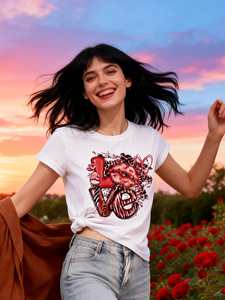 T-shirt stampata con lettera d'amore di San Valentino, top casual da donna a maniche corte con scollo rotondo, jersey di cotone 100%, moda primavera estate - Product Image 3