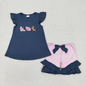 Ensemble de vêtements d'été pour filles, haut rose brodé de fleurs, short bleu - Product Image 3