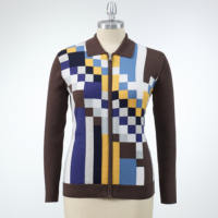 Veste en tricot à col polo pour femme, à blocs de couleurs géométriques, zippée, 100 % coton, manches longues, cardigan