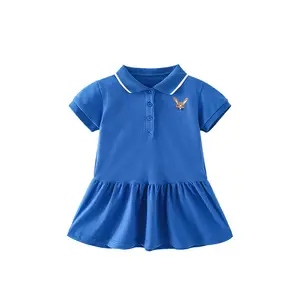 新しいブティック卸売漫画ブルーリスアップリケスクエアカラー半袖夏の幼児の女の子のドレス