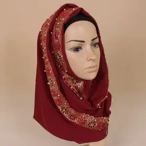 패션 Soild 컬러 여성 이슬람 이슬람 Hijab 스카프 진주 쉬폰 Hijab 구슬과 반짝이