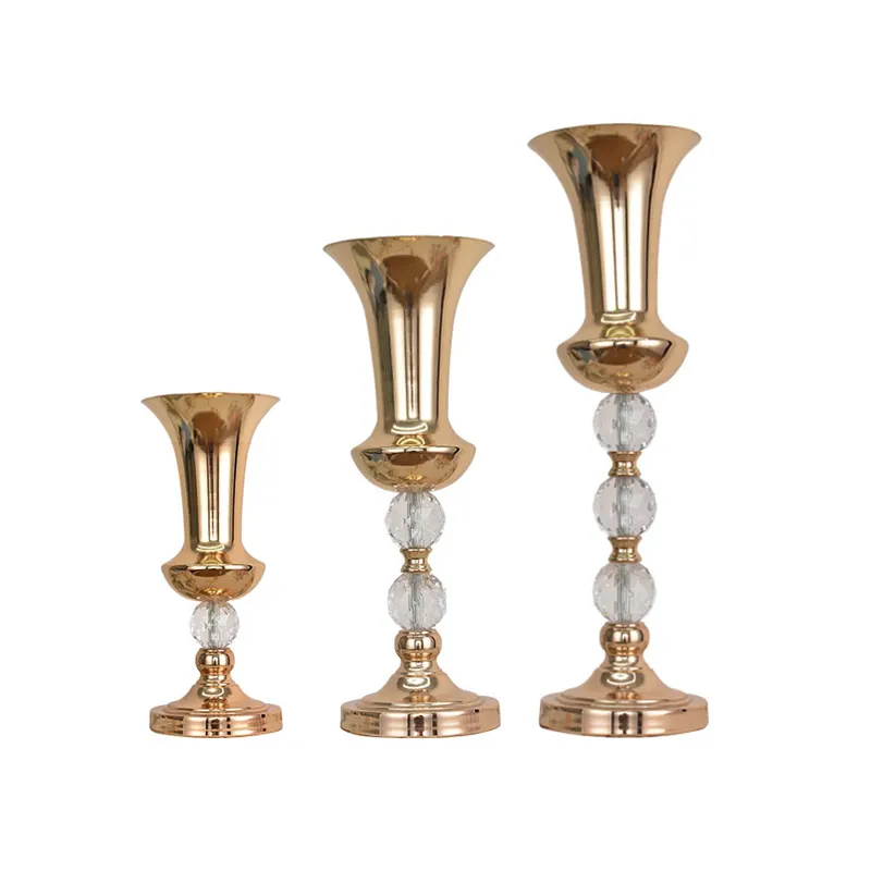 Décorations de Table de centre de Table à fleurs Vases trompette en or avec perle de cristal, Vase trompette à fleurs en métal haut avec perle de cristal