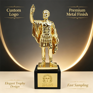 Estatua de Guerrero Romano en Metal Chapado en Oro Personalizada, Trofeo <span class=keywords><strong>Tripoli</strong></span>, Escultura con Base de Madera Negra, Grabado Personalizado - Product Image 1