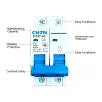 Disjoncteur miniature OEM DZ47-63 C6 2P 400V 6A Protection contre les surcharges et les courts-circuits pour le câblage domestique et professionnel avec certification CE