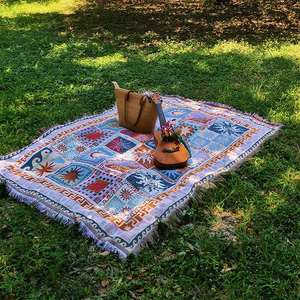 Woven Throw <b>Blanket</b> Cotton Checkered Jacquard Fringe Sofa Cover Reversible Tapestry Camp <b>Picnic</b> Rug Carpet - Product Image 1