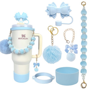 Juego de 6 accesorios para vaso: tapa de silicona grande con lazo, pajita, cadena para vaso con pompón de perlas y funda de silicona para Stanley de 40 oz - Product Image 3
