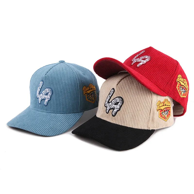 custom made corduroy fabric 5 panel structured sports baseball cap with 3D embroidery logo