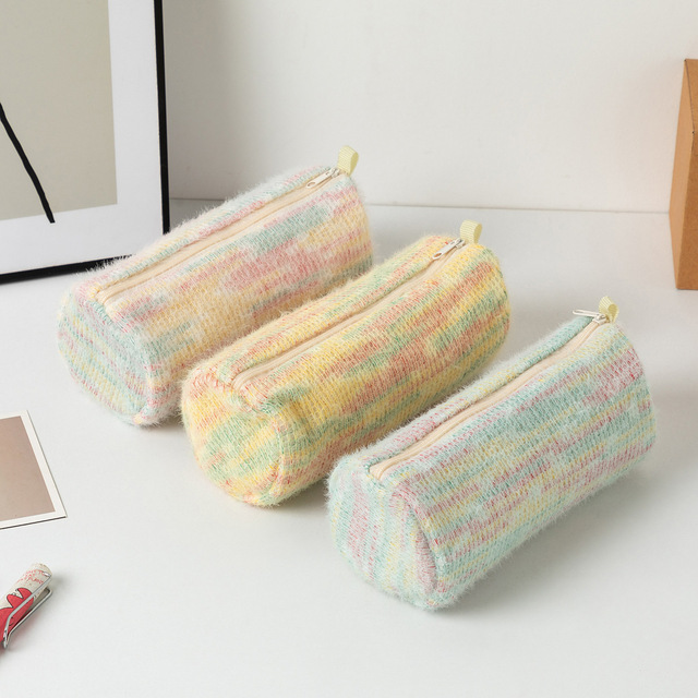 Japanese Girl Student's Large Capacity Polyester Pencil Case High-Value Rainbow Woven Simple Dirt-Resistant Stationery Bag