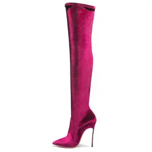 Women Stretch Soft Silk Satins High Heel Thigh High Boots PullにSolid Over The Knee Winter Super Long Boots