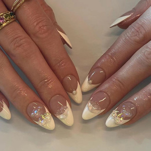 Lot de 24 <span class=keywords><strong>faux</strong></span> ongles 3D en forme de nœud floral, en ABS, avec pointe française blanche, couleur nude amande, à coller, <span class=keywords><strong>pour</strong></span> usage quotidien - Product Image 4