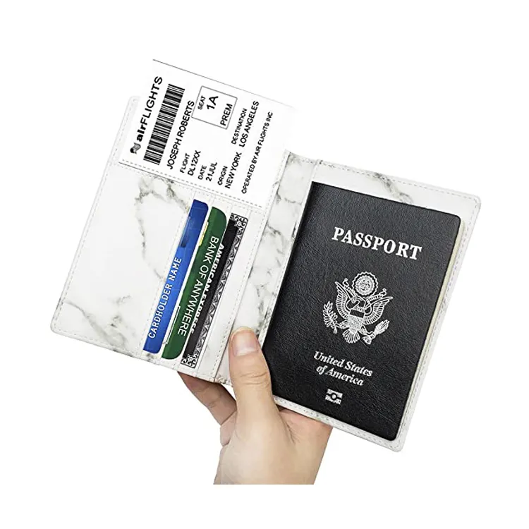 Porta-passaporte de couro, porta-cartão de crédito pequeno branco mármore pu com nome e bloqueio rfid