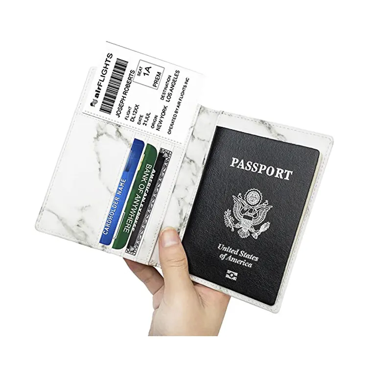 Promotion gift small white marble pu name credit card case and RFID Blocking Leather passport holder