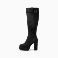 Bottes hautes vintage pour femmes en daim à plateforme et talon épais avec boucle, personnalisables (OEM/ODM), faible MOQ, vente en gros, pour soirées