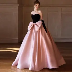 Black Velvet Top Pink Satin Floor Length Prom Dress Bowknot Ball Gown Prom Gown Evening Quinceanera Dresses