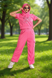 Tuta da donna taglie forti rosa con cappuccio, maniche corte, stampa a cuore, vestibilità casual ampia, lunghezza intera, vita elasticizzata, tasche laterali - Product Image 2