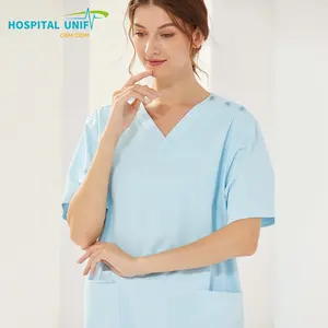 H U 2024 Wholesale OEM Custom Buttons Style Cotton Polyester Hospital Nursing Doctor Suit Scrub Nurse Medical Scrubs Uniform Set