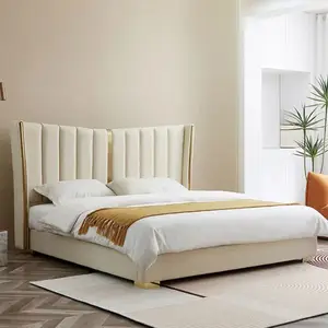 Cama de cuero de estilo minimalista italiano para dormitorio, luz de lujo, moderna, primera capa, piel de vaca, madera maciza, simple, doble, cama de cuero de 1,8 m