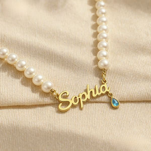 Oferta Relámpago: Collar con Colgante de Acero Inoxidable Personalizado con Perlas Blancas y Letras Doradas - Product Image 5